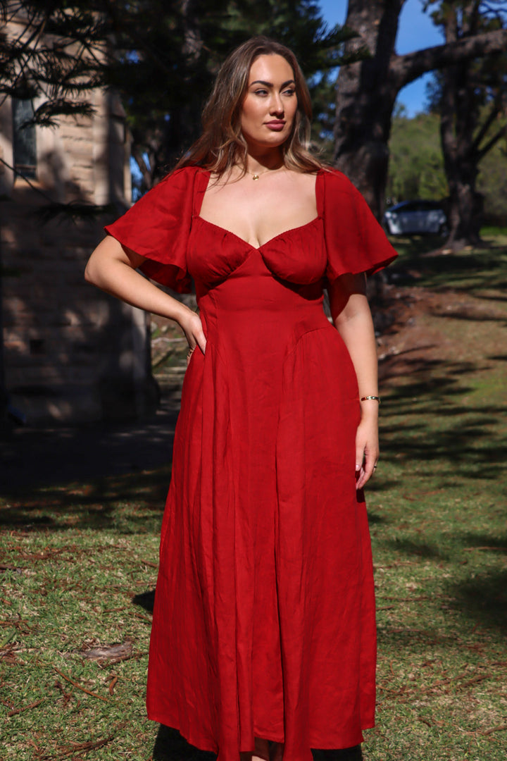 Bridgette Crimson Red Linen Dress