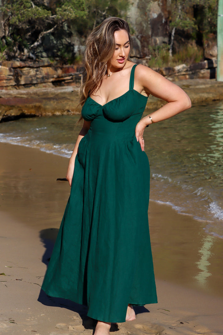 Bridgette Forest Green Dress - Linen