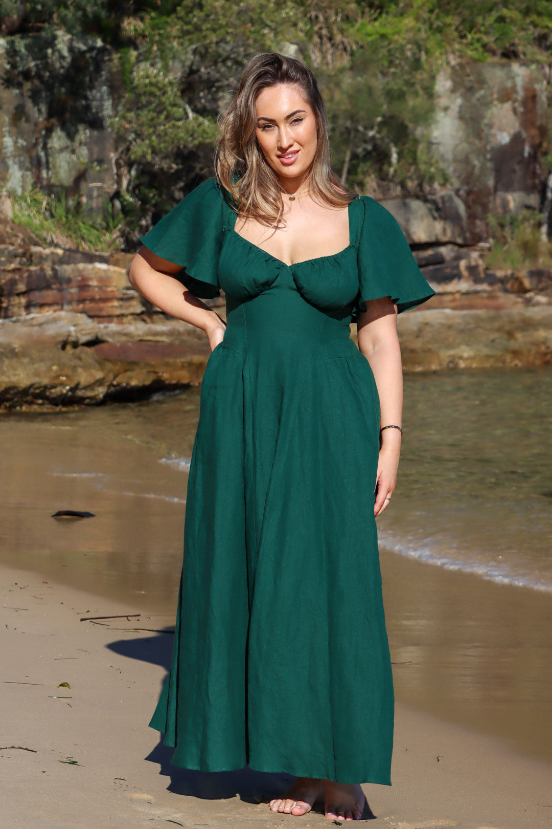 Bridgette Forest Green Linen Dress