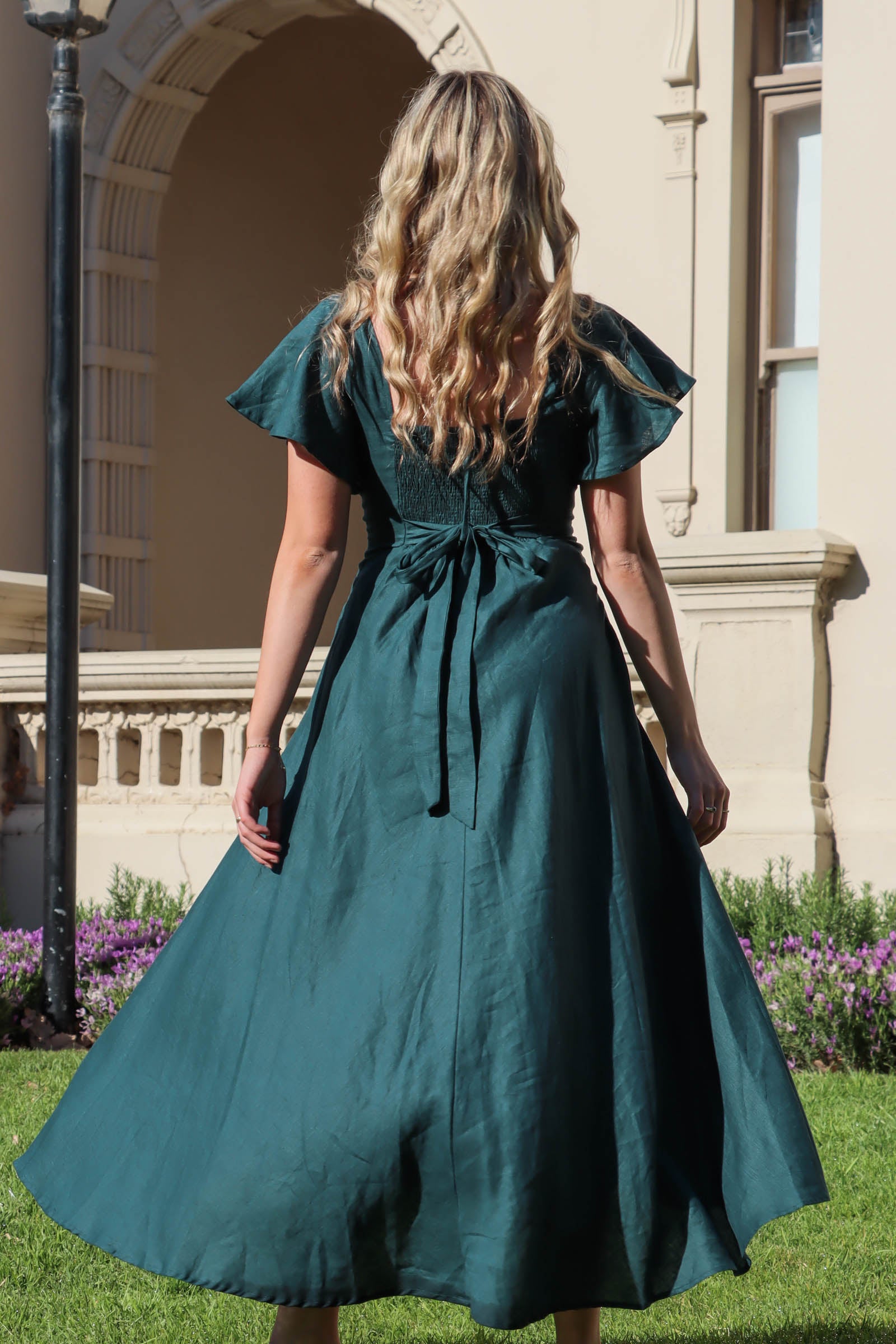 A line clearance emerald green dress